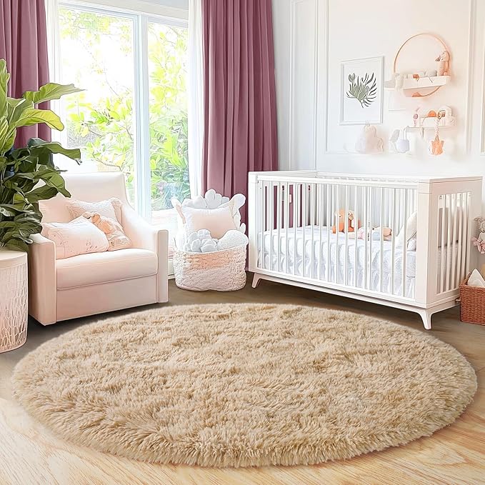 5'x5' Beige Round Rug for Bedroom, Ultra Soft Fluffy Circle Rug for Kids Girls Boys Room, Cute Shag Rugs for Living Room Playroom Tent Castle Home Decor Rug