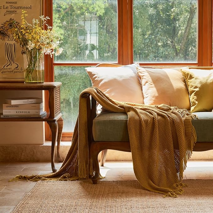 lifein Throw Blanket for Couch, Soft Boho Decor Bed Throw,Cozy Brown Knitted Chenille Small Knit Farmhouse Lightweight Throw (Golden Brown,50 * 60")
