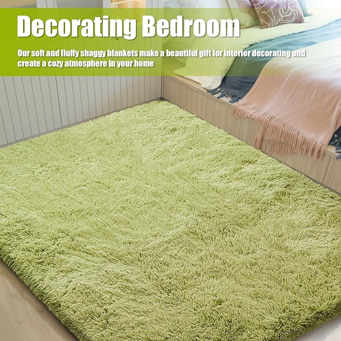Shag Area Rug for Bedroom 3x5,Green Fluffy Area Rugs for Living Room,Soft Fuzzy Rug Non-Shedding Indoor Plush Carpet for Kids Bedroom Nursery Dorm Home Decor