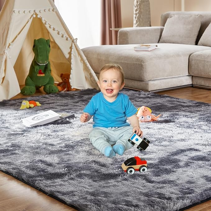 8x10 Feet Area Rugs for Living Room, Shag Fluffy Bedroom Carpet, Soft Rugs for Nursery, Furry Rugs for Girls Boys Kids Room, Extra Large Fuzzy Rug, Tie-Dyed Dark Gray
