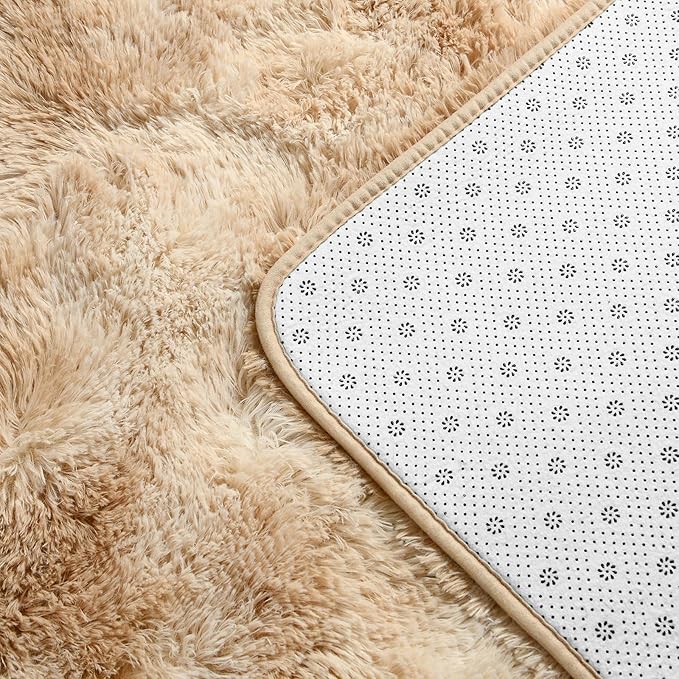 Deerhoo Large Shag Area Rugs 5 x 8, Tie-Dyed Plush Fuzzy Rugs for Living Room, Ultra Soft Fluffy Furry Rug for Bedroom, Indoor Carpet Nursery Rugs for Kids Room Home Decor, Beige