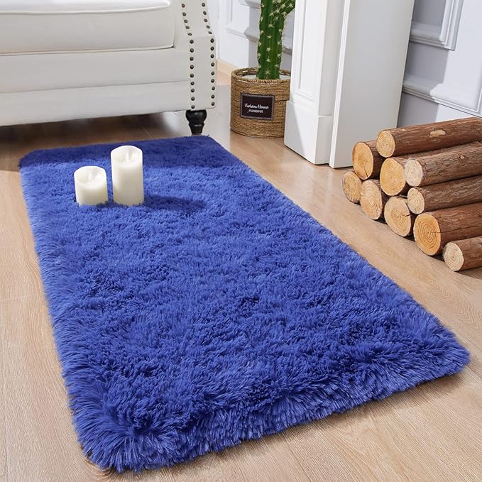 Chicrug Soft Runner Rug for Bedroom Living Room Plush Fluffy Rug 2x4 Feet, Shag Furry Runner Rug Carpet Non Shedding for Nursery Children Kids Girls Room Home Decorative, Navy