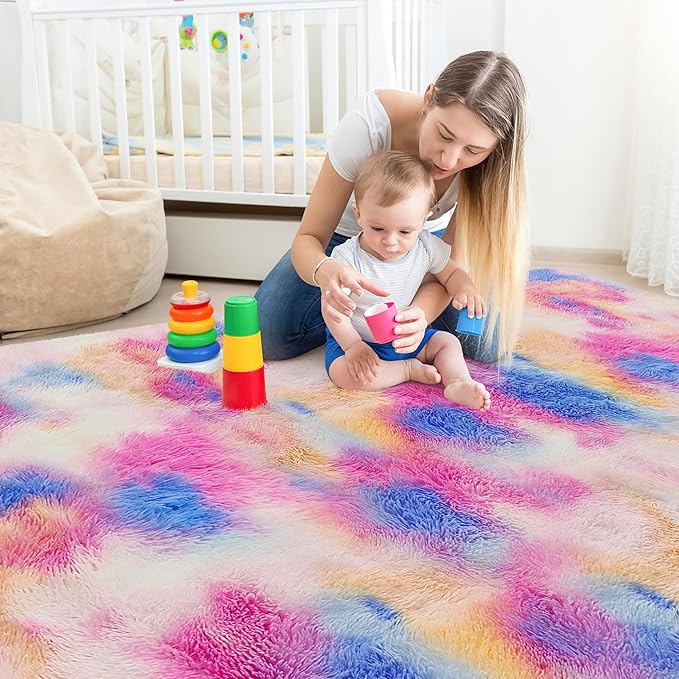 Fluffy Rainbow Colorful Rug for Living Room 5x8 Kawaii Rainbow Tie Dye Area Rug Fuzzy Indoor Floor Unicorn Rug for Bedroom Girls Kids Nursery Baby Princess Room Dorm Home Decor Aesthetic Carpets