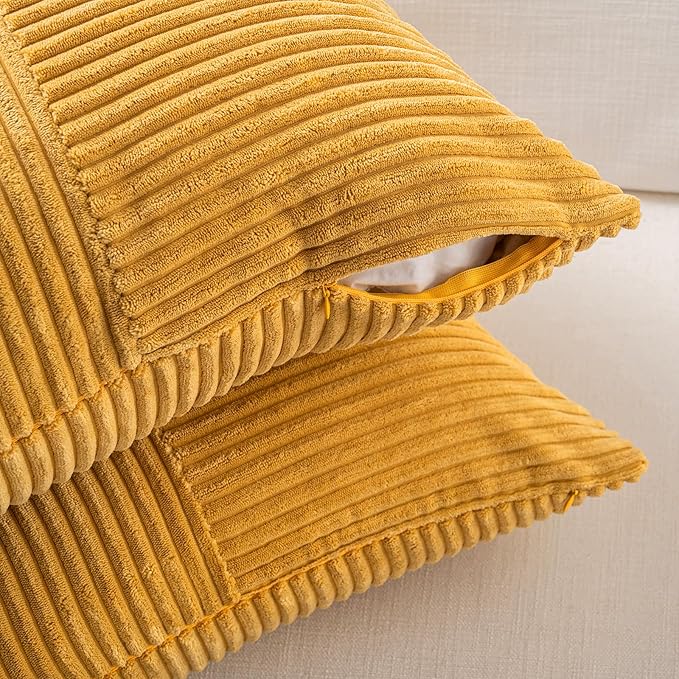 Fancy Homi 2 Packs Gold Yellow Euro Decorative Throw Pillow Covers 26x26 Inch for Couch Bed Sofa, Rustic Farmhouse Boho Home Decor, Soft Corss Corduroy Patchwork Textured Square Cushion Case 66x66 cm