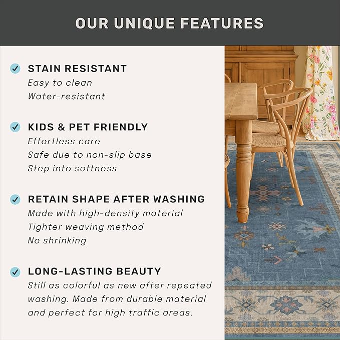 Boho 6x9 Living Room Rugs - Modern Dark Blue Dining Room Rug for Under Table, Lightweight Washable Foldable Low Pile Carpet, Eclectic Floral Bedroom Décor Aesthetic