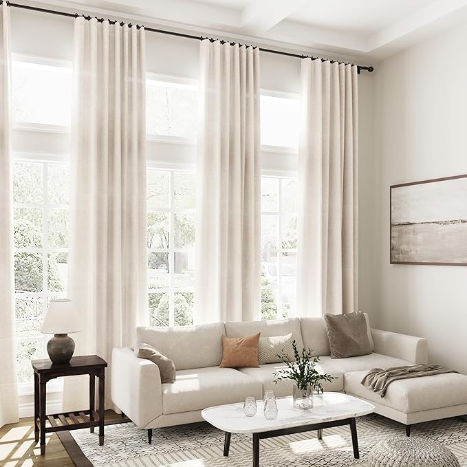 Extra Long Tan Beige Curtains 132 inch Length 2 Panels Set Back Tab Neutral Farmhouse Drapes Light Filtering Semi Sheer Linen Curtain 132 inches Long for Floor to Ceiling Window Patio Sliding Door