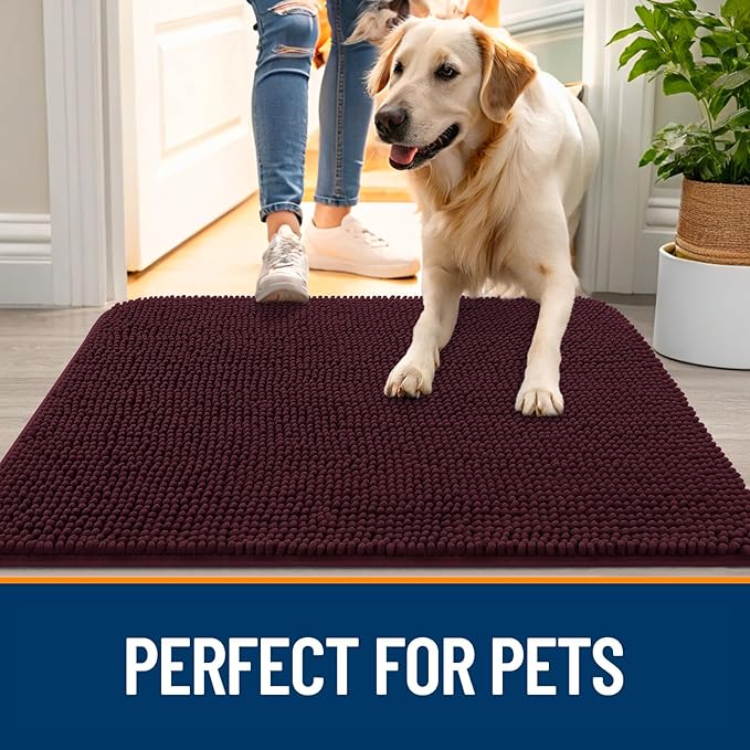 OLANLY Dog Door Mat for Muddy Paws 40x24, Absorbs Moisture and Dirt, Absorbent Non-Slip Washable Doormat, Quick Dry Chenille Mud Mat for Dogs, Entry Indoor Entryway Carpet for Inside Floor, Russet