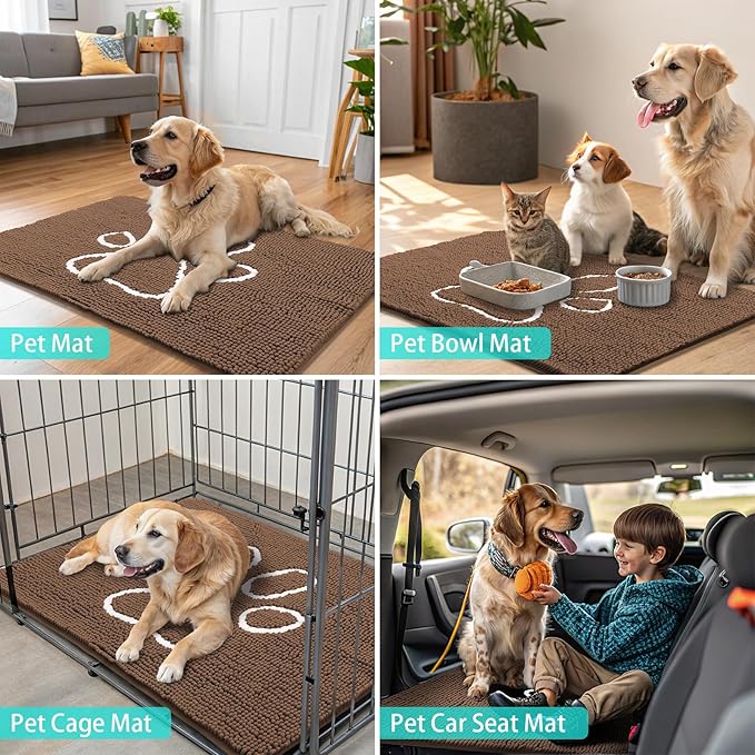 Smiry Dog Door Mat for Muddy Paws, Absorbent Dirt Trapper Non Slip Quick Dry Washable Chenille Mat for Mud Dogs, Entry Rug for Indoor and Outdoor (48x30 Inches, Coffee and White)