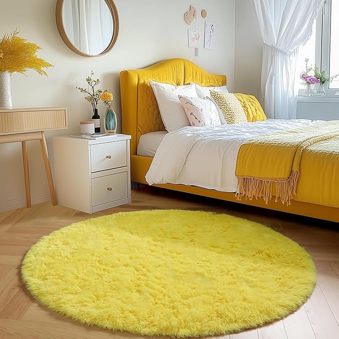 Amdrebio Yellow Round Circle Area Rug 4Ft for Bedroom Living Room, Fluffy Fuzzy Plush Rugs for Kids Room Decor Aesthetic, Cute Furry Shag Kawaii Circular Carpet for Classroom Nursery Dorm Toddler Baby