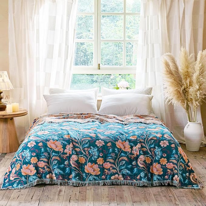 MSGKV Boho Throw Blanket for Bed 60"x80" Cotton Birds Floral Twin Size Couch Blanket Muslin Spring Breathable All Seasons Lightweight Farmhouse Blankets