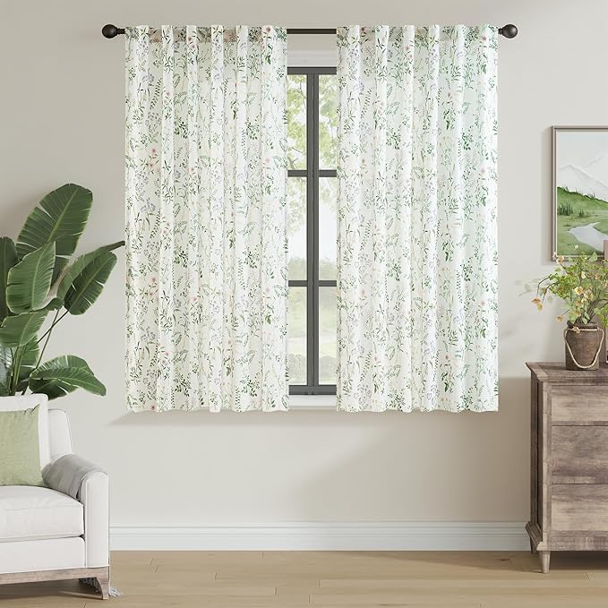 jinchan Floral Linen Blend Curtains for Living Room 63 Inch Length French Country Farmhouse Printed Curtains Sage Green on White Rod Pocket Back Tab Light Filtering Window Drapes 2 Panels
