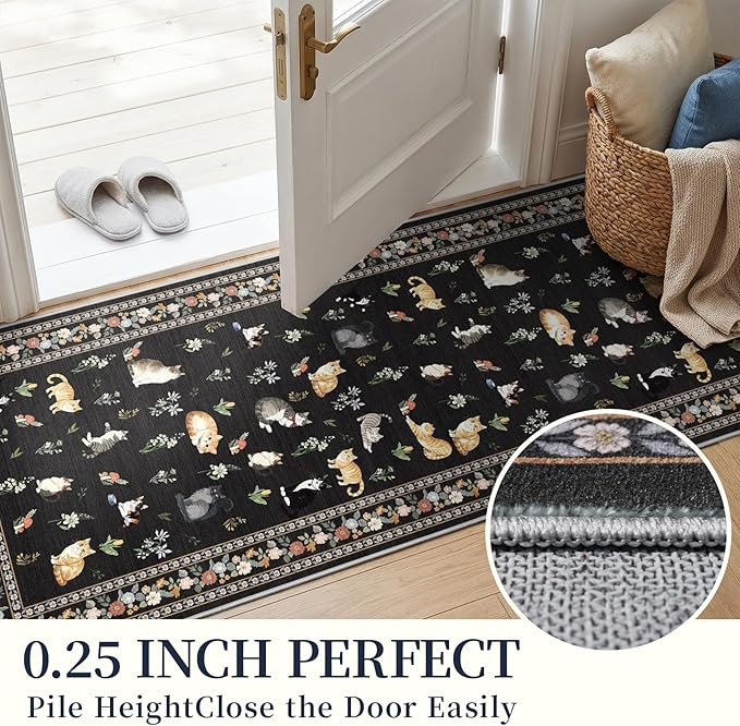 2x12 Washable Hallway Runner Rug - Soft Low Pile Floral Animal Cat Print Rugs with Non-Slip Backing Waterproof Stain-Resistant Indoor Carpet for Kitchen Entryway Bathroom Bedroom (Black)