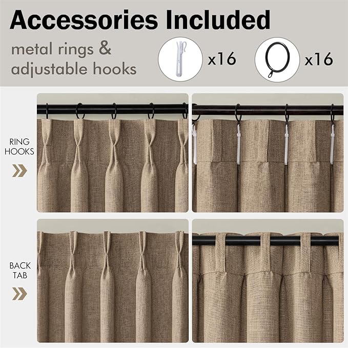 MIULEE Pinch Pleated Thick Linen Curtains 102 Inches Long 2 Panels for Living Room Bedroom, Linen Texture Pleat Drapes Memory Trained Light Filtering Brown Country Farmhouse Burlap Curtains with Hooks