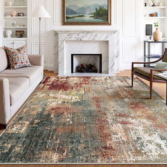 Washable Area Rugs 5'x7' Non-Slip Modern Abstract Soft for Living Room Entryway Bedroom Nursery, Print Pattern, Brown Rust Red Green Blue Multi