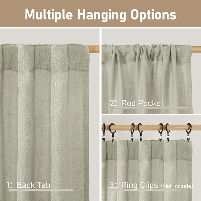 LAMIT Linen Semi Sheer Curtains 96 inches Long 2 Panels Set, Light Filtering Panels Back Tab and Rod Pocket Floor to Ceiling Curtains for Bedroom/Living Room, Sage Grey, 52 x 96 Inch