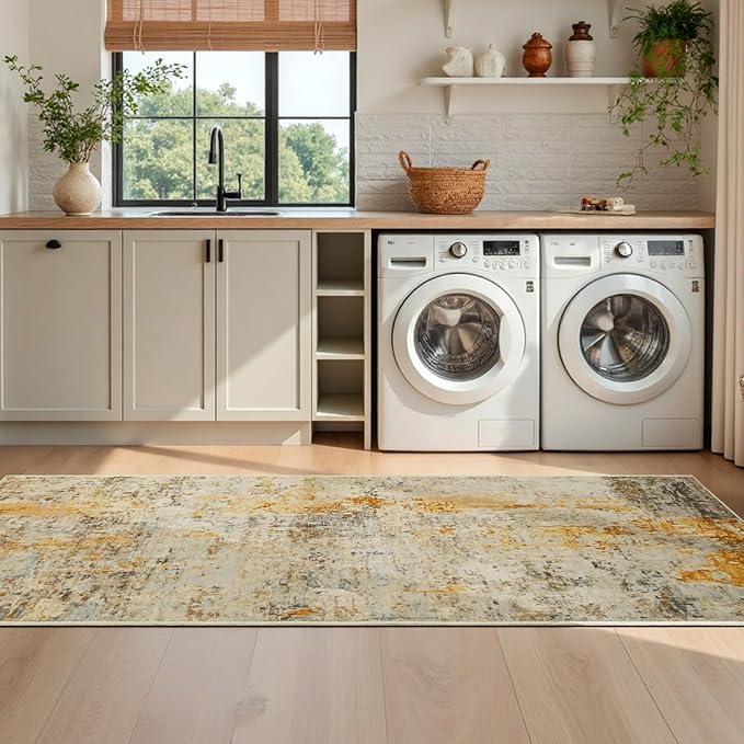 2x6 Beige Rug Runners for Hallways Kitchen Runner Rug Non Slip Washable Tan Long Runner Rugs with Rubber Backing Soft Abstract Carpet Runner for Bedroom, Kitchen, Bathroom, Entryway