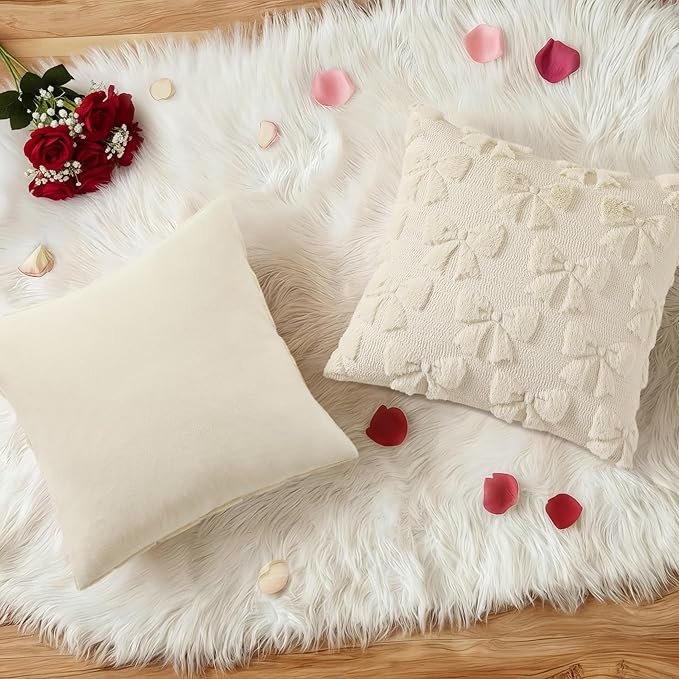 decorUhome Beige Bow Pillow Covers Set of 2 Coquette Aesthetic Cute Preppy Plush Faux Pillowcases for Girly Bedroom or Couch 16x16 Inch