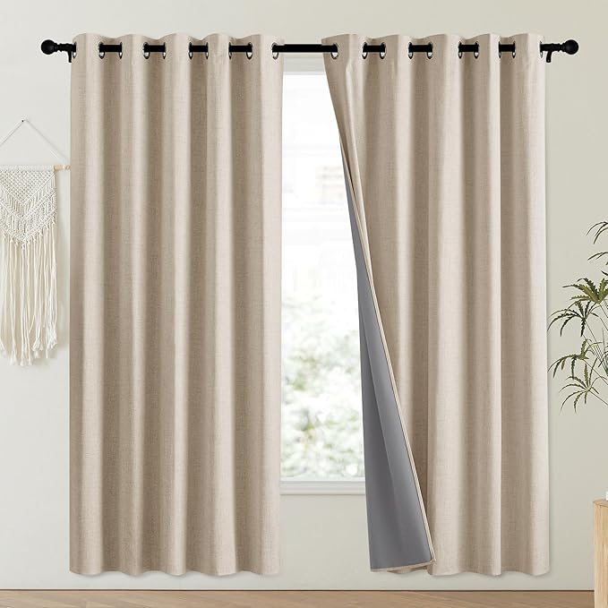 NICETOWN Cream 100% Blackout Linen Curtains 72 inch Long Burg for Playroom, 1 Pair, 62" Width Each Panel, Farmhouse Thick Completely Blackout Window Treatment Thermal Insulated Drapes