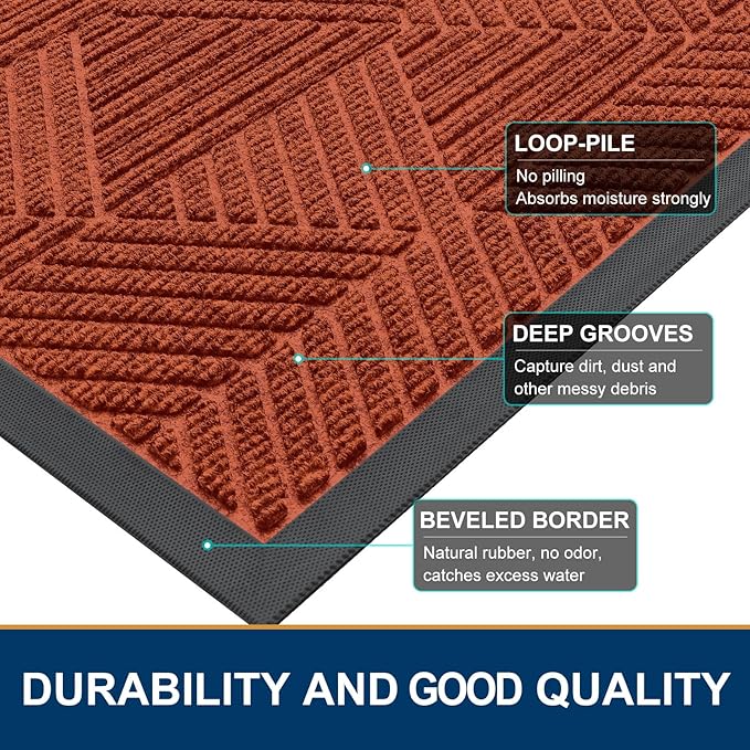 Smiry Front Door Mat Outside Entrance, Heavy Duty Sturdy Natural Rubber Doormat, Trap Dirt and Moisture, Easy Clean Low Profile Welcome Floor Mats for Indoor Outdoor Entry, 35X23 Inch, Burnt Orange