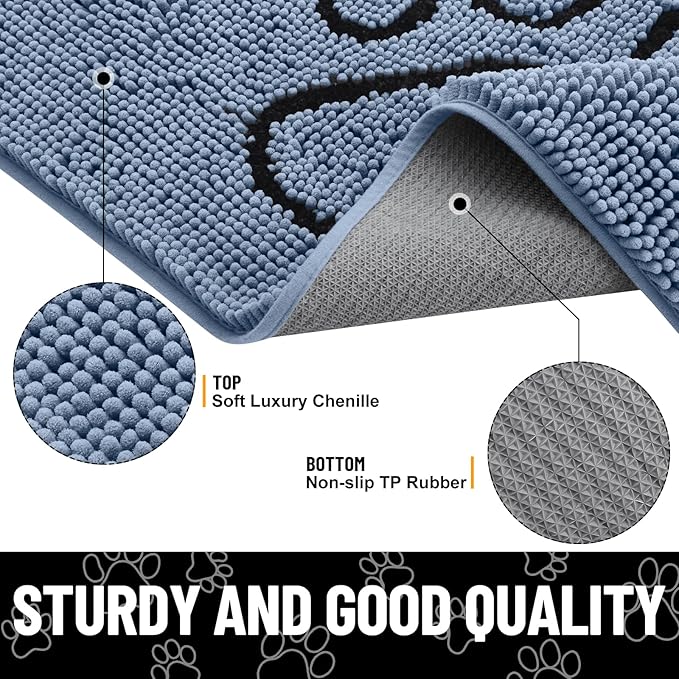 Smiry Dog Door Mat for Muddy Paws, Absorbent Dirt Trapper Non Slip Quick Dry Washable Chenille Mat for Mud Dogs, Entry Rug for Indoor and Outdoor (30x20 Inches, Airy Blue and Black)