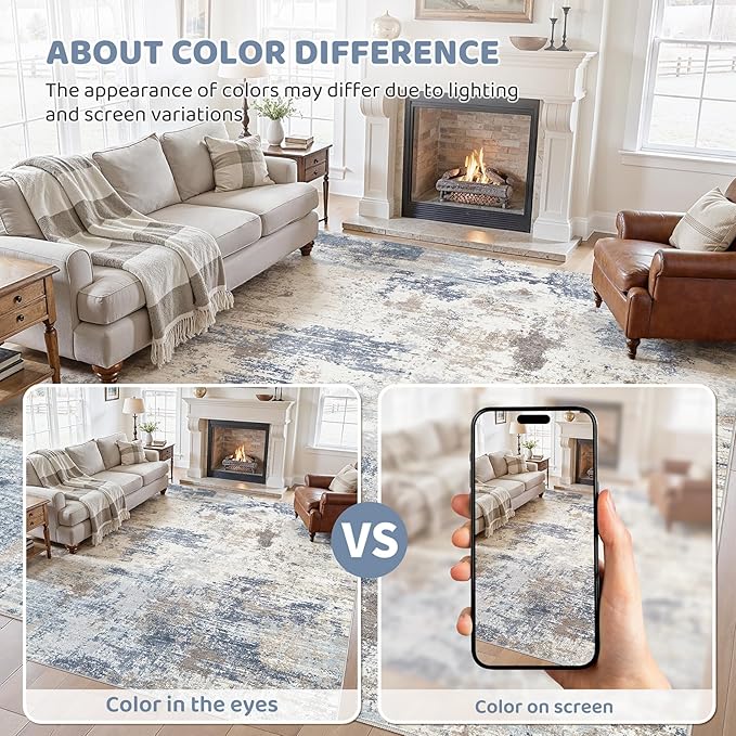 UERMEI 9x12 Area Rug Living Room Rugs Thickened - Washable Neutral Modern Abstract Soft Rug Indoor Floor No Slip Rug Carpet for Bedroom Under Dining Table Home Office Decor - Denim Blue