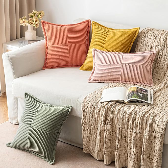 MIULEE Decorative Euro Sham Throw Pillow Covers for Couch Bed Livingroom 24x24 Inch Set of 2 Light Olive Green Boho Accent Throw Pllows Broadside Striped Patchwork Soft Corduroy Summer Pillowcases