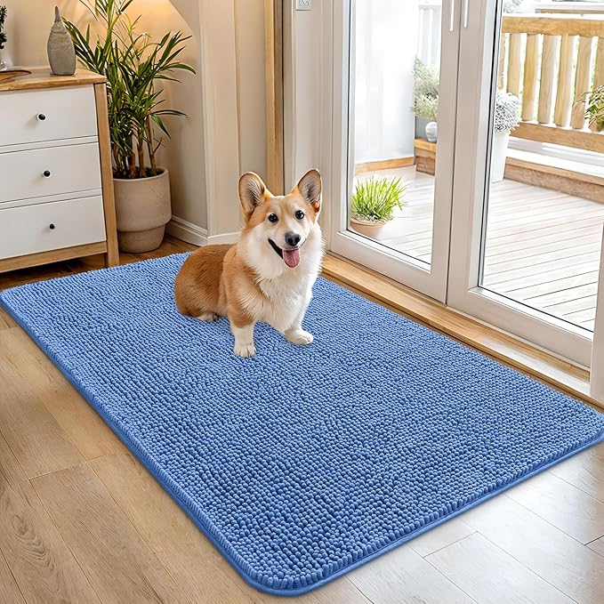 OLANLY Dog Door Mat for Muddy Paws 45x27, Absorbs Moisture and Dirt, Absorbent Non-Slip Washable Doormat, Quick Dry Chenille Mud Mat, Entry Indoor Entryway Carpet for Inside Floor, Cornflower Blue