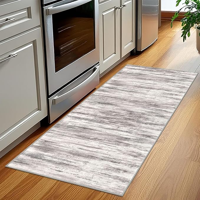 KOZYFLY Modern Abstract Washable Rug Runner 2x5 Hallway Rug Runner Non-Slip Soft Kitchen Runner Rugs, Grey/Light Beige/Brown Striped Carpet for Entryway Bathroom