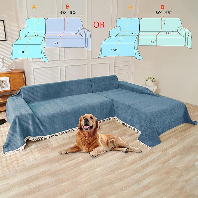 HANDONTIME Couch Slipcover Dog Sofa Covers Boho Couch Cover for Dogs Blue Sofa Throw Cover Bohemian Sofa Covers for 3 Cushion Couch Herringbone Sectional Couch Cover Slipcovers for Sofas, 91" X150"