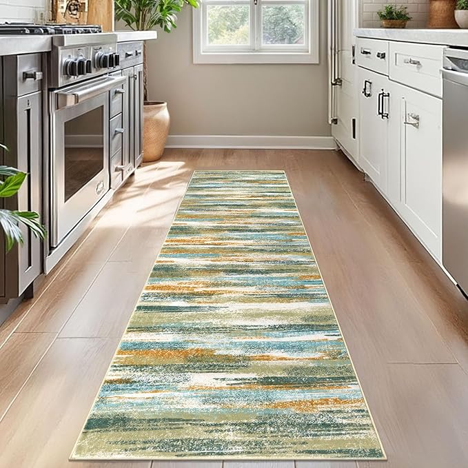 Lansny Modern Abstract Bedroom Runner Rug 2x7, Green Mustard Multi Washable Kitchen Runner, Non-Slip Soft Thin Faux Wool Mat for Entryway, Hallway, Laundry Room, Indoor Home Decor