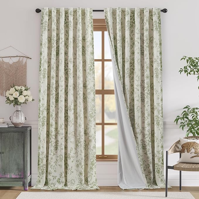 jinchan Blackout Floral Curtains for Living Room Bedroom Linen Blend Curtain Farmhouse Green Printed with Lined Back Tab Rod Pocket Drapes Window Treatments 2 Panels 96 Inch