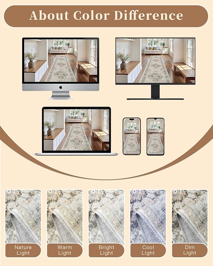 Madane Runner Rug 2'6''x8' Kitchen Runner, Hallway Runner Printed Vintage Rug 2.5x8ft Washable Rugs Soft Non-Slip Low Pile Runners for Hallways Laundry Room Rug, Light Taupe Brown
