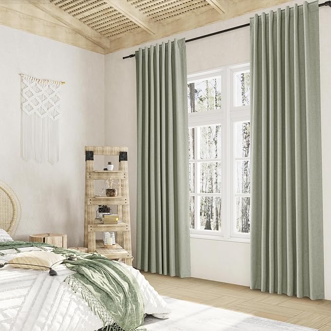 Sage Green 100% Blackout Linen Curtains 120 Inch Length 2 Panels Set for Living Room Bedroom Back Tab Thermal Insulated Black Out Drapes Room Darkening Farmhouse Style for Bedroom Window Curtains
