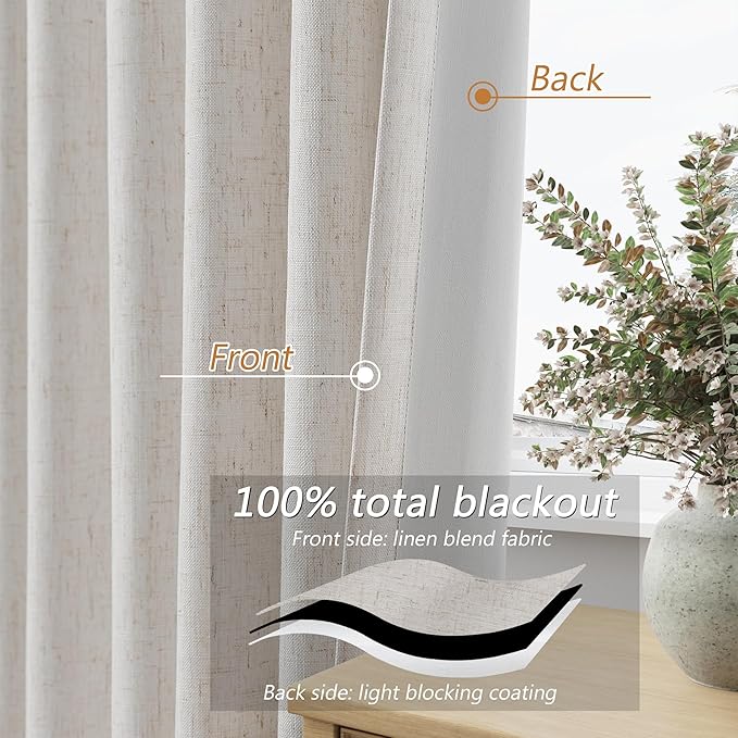 Guken Light Beige Extra Long 100% Blackout Curtains 120 Inch Length 2 Panels Set for Living Room Bedroom Back Tab Thermal Insulated Black Out Linen Drapes Room Darkening Window Curtain, 52x120