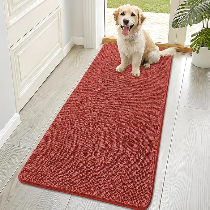 OLANLY Dog Door Mat for Muddy Paws 70x32, Absorbs Moisture and Dirt, Absorbent Non-Slip Washable Doormat, Quick Dry Chenille Mud Mat for Dogs, Entry Indoor Entryway Carpet for Inside Floor, Maple Red