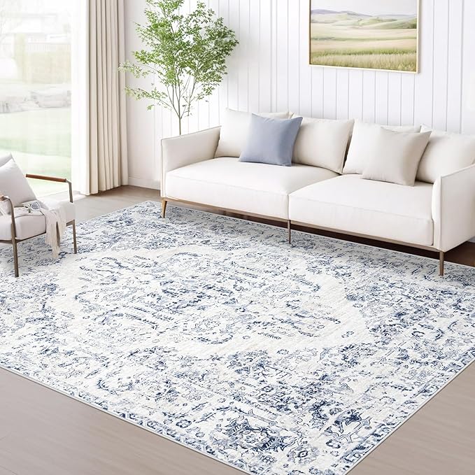 5x7 Area Rugs for Living Room: Washable Rug Vintage Large Rugs Soft Non Slip Low Pile Rug Floral Distressed Floor Carpet for Bedroom Kitchen Nursery Dining Room Home Office (Blue, 5'x7')