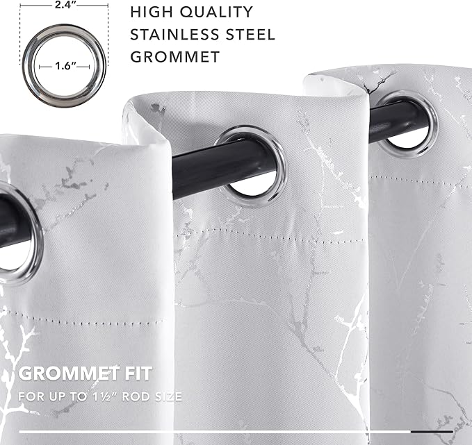 Deconovo Greyish White Curtains, Room Darkening Short Curtain, Thermal Insulated Soundproof Drapes, Silver Branch Print, 42 x 45 Inch, Grommet Window Panel for Small Windows Bedroom Kitchen, Set of 2