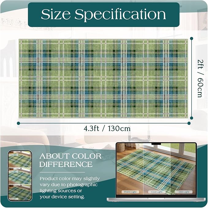 Front Door Mat Indoor Entrance - 2x4.3 Ft Buffalo Washable Layered Doormat Outdoor Entrance Porch Rug Non-Slip Green Teal Plaid Tartan Runner Rug for Kitchen Bedroom Laundry Room Porch Decor