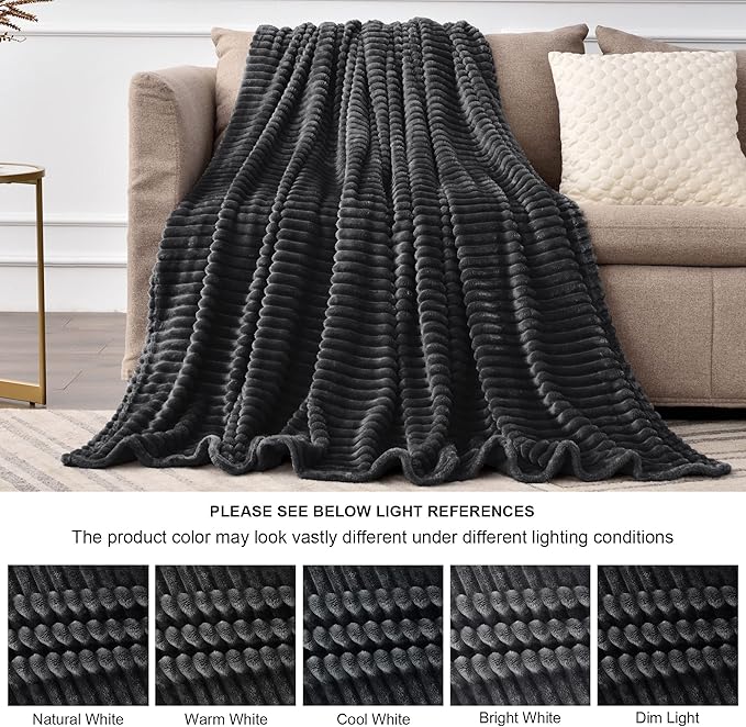 BEDELITE Fleece Blanket King Size – 3D Ribbed Jacquard Soft and Warm Decorative Fuzzy Blankets – Cozy, Fluffy, Plush Lightweight Throw Blankets for Couch, Bed, Sofa(Black, 108x90 inches)