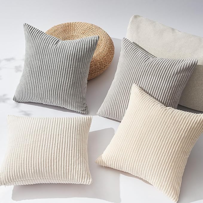 Topfinel 4 Packs Neutral Decorative Throw Pillows Covers 16x16 Inch for Living Room Couch Bed Sofa, Rustic Farmhouse Boho Neutral Home Decor, Soft Plush Striped Corduroy Square Cushion Case 40x40 cm