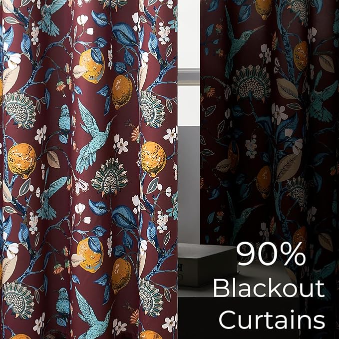 Rust Vintage Floral Curtains 84 Inch Long Luxury Whimsical Euro Flower Lemon Hummingbird Patterned Waverly Mid Century Colorful Blackout Drapes for Living Room Bedroom
