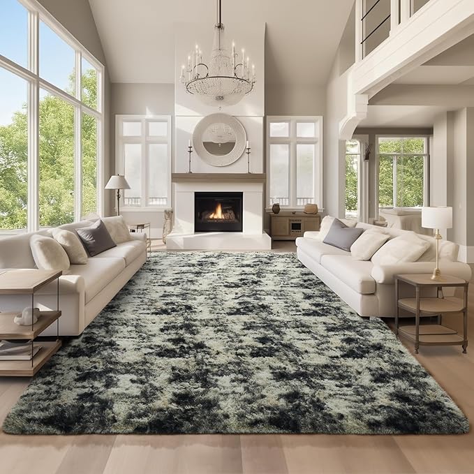 Ophanie Black Gold and Grey Area Rugs for Living Room 9x12, Fluffy Shag Large Fuzzy Plush Soft Carpets, Floor Shaggy Rugs for Bedroom, Carpet for Kids Boys Girls Dorm Nursery Home Decor Aesthetic