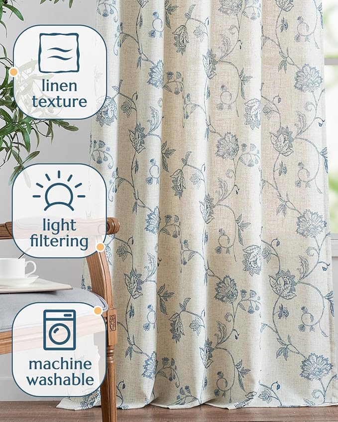 jinchan Linen Curtains Floral Curtain 84 Inch Length for Living Room Bedroom Light Filtering Rod Pocket Back Tab Jacobean Curtains Flax Linen Texture Window Drapes Set 2 Panels Blue on Linen
