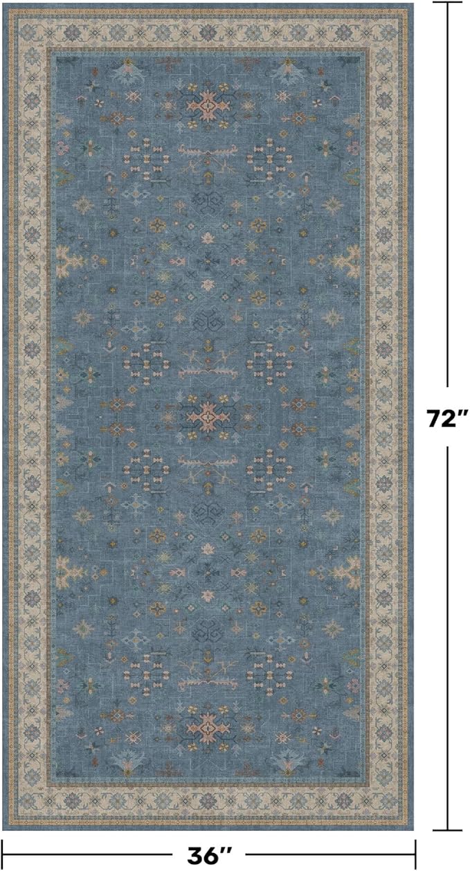 Washable 3x6 Throw Rug for Large Kitchen - Blue Rugs for Entryway Indoor, Bedroom Bedside, Mudroom, Boho Eclectic Modern Décor, Non Slip Low Pile Fade Resistant