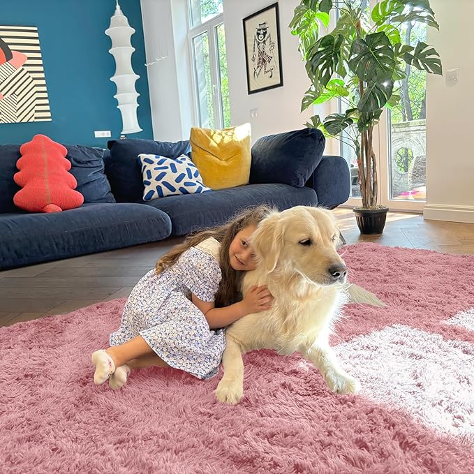 OLANLY 5x7 Machine Washable Large Area Rugs for Living Room, Bedroom, Soft Fluffy Shaggy Bedside Rug, Indoor Floor Carpet for Kids Girls and Boys, Dorms, Nursery, Home Decor Aesthetic, Pale Pink