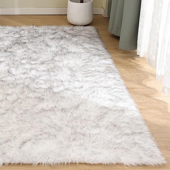 Goolela Sheepskin Area Rug 6x9 Fluffy Fuzzy Furry Faux Fur Rug for Living Room Bedroom Plush Luxury Rectangle, White with Grey Tips