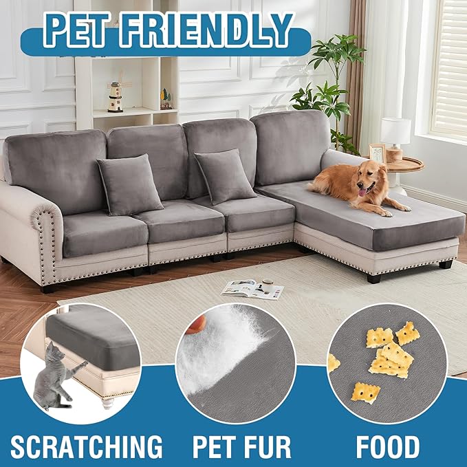 Couch Cover 8-Piece Elastic Velvet Couch Cushion Covers & Chaise Slipcovers for L-Shaped Sofas - Sofa Seat Covers Washable, Soft Protector for Couches (7 Seater + Chaise, Grey)