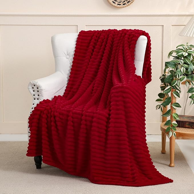 Red Fleece Throw Blanket 90”×90” for Couch Sofa Bed,Super Soft Cozy Plush Microfiber Flannel Blanket with Stripes Design Lightweight for Adults,Woman,Girls