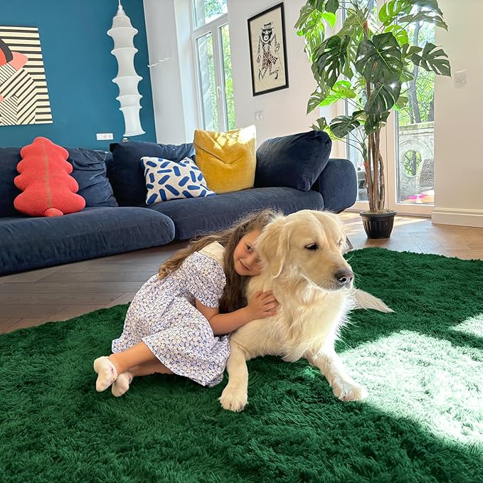 OLANLY 5x8 Machine Washable Large Area Rugs for Living Room, Bedroom, Soft Fluffy Shaggy Bedside Rug, Indoor Floor Carpet for Kids Girls and Boys, Dorms, Nursery, Home Decor Aesthetic, Dark Green