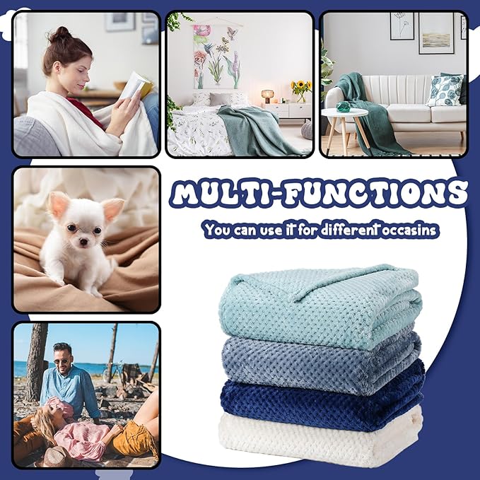 Newwiee 4 Pcs Flanne Fleece Throw Blanket for Bed Couch Large 3D Waffle Textured Soft Blanket Winter Warm Lightweight No Shedding No Pilling Decorative Throw, 50x60 Inch(Gradient Blue)
